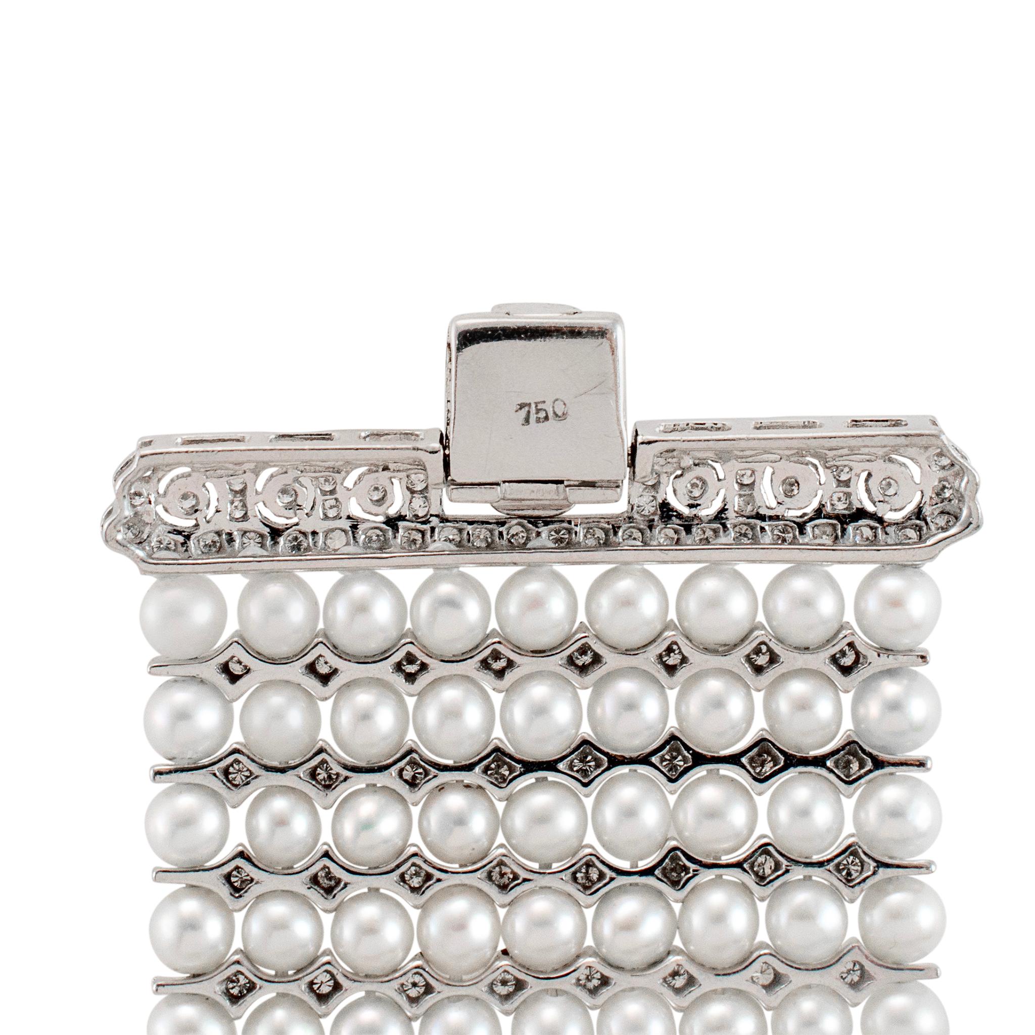 Bracelet vintage de style Art déco à neuf rangées de perles et diamants en or blanc 18 carats Unisexe en vente