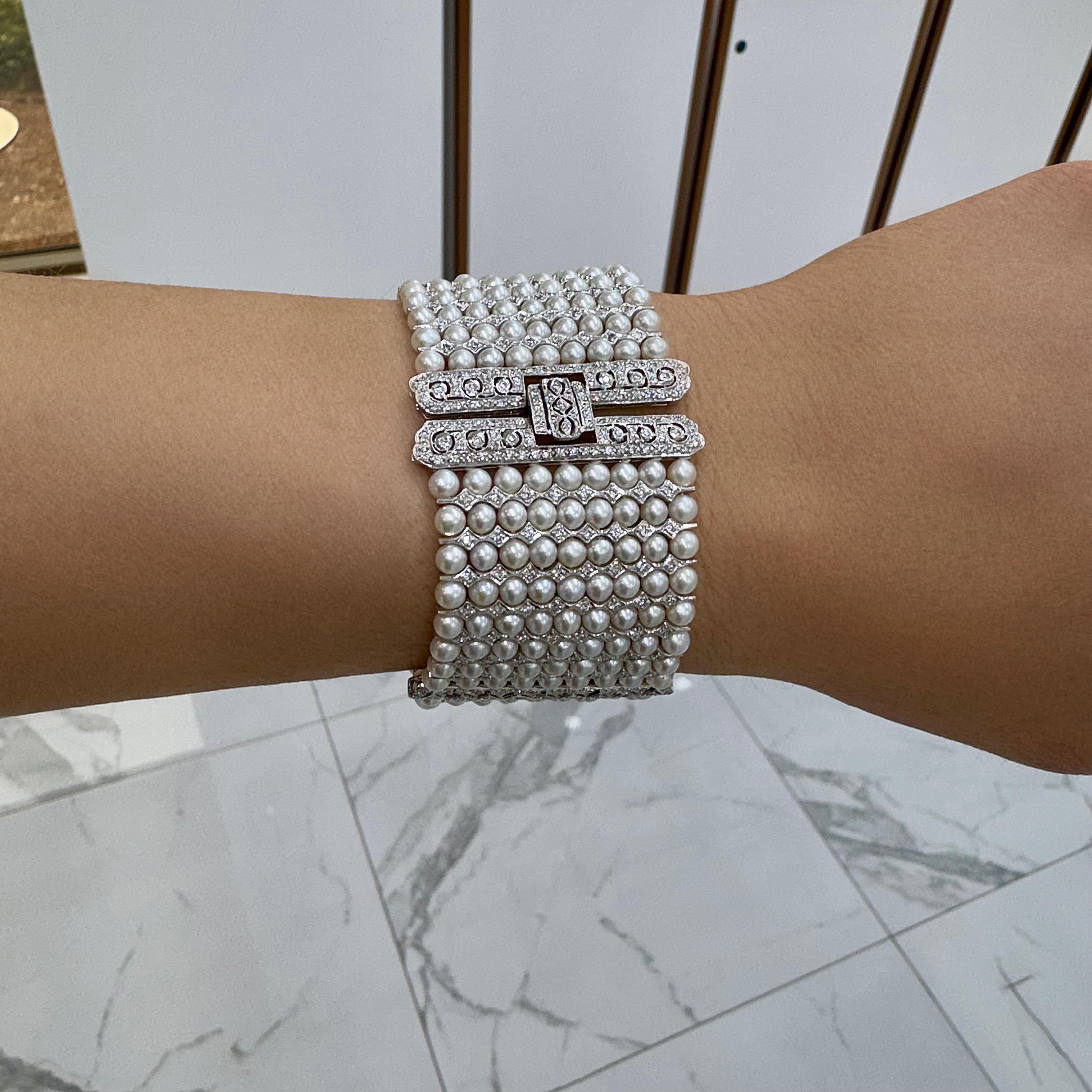 Bracelet vintage de style Art déco à neuf rangées de perles et diamants en or blanc 18 carats en vente 1
