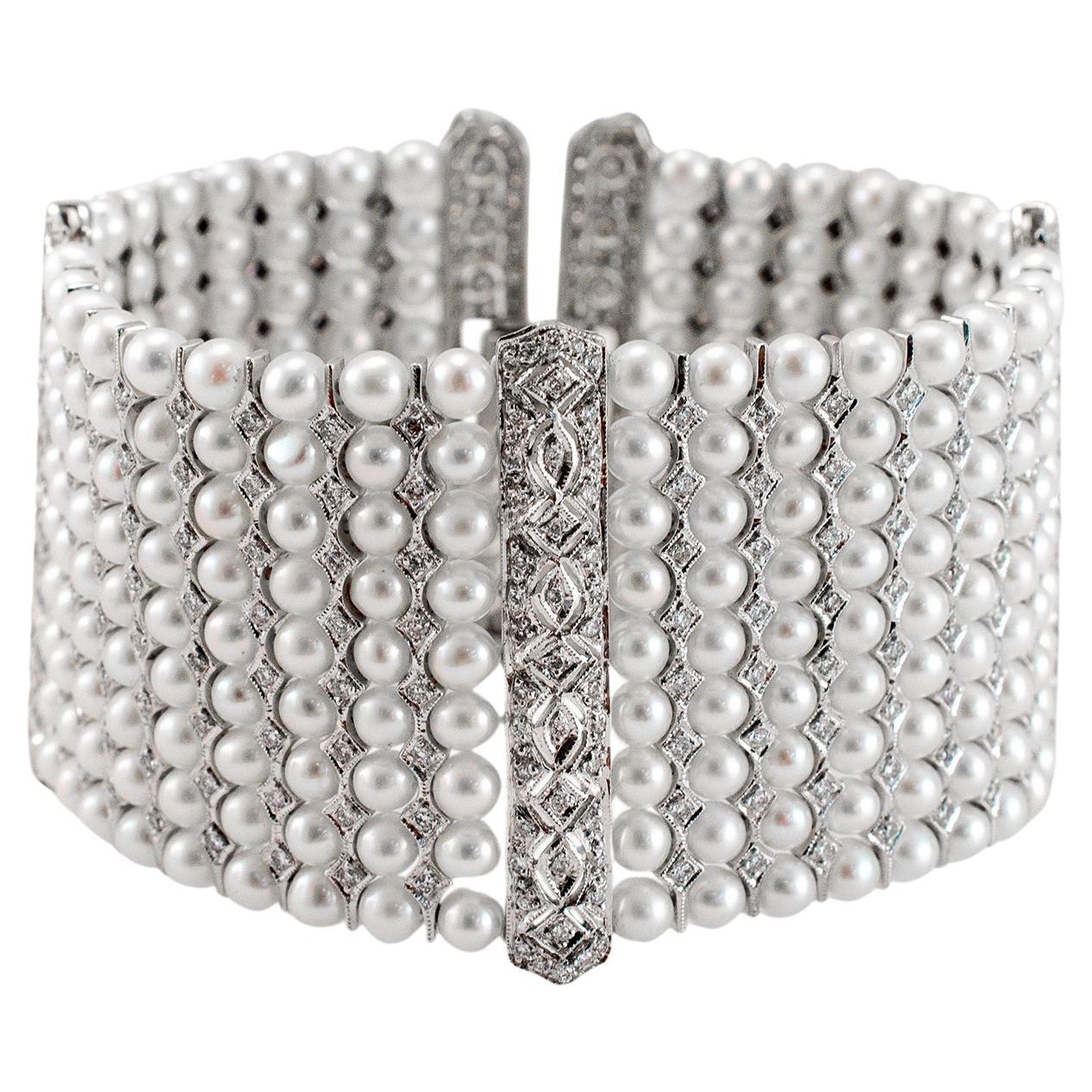 Vintage 18K White Gold Art Deco Style Nine Row Pearl & Diamond Link Bracelet