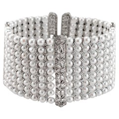 Vintage 18K White Gold Art Deco Style Nine Row Pearl & Diamond Link Bracelet