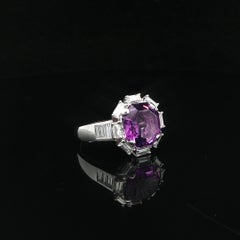 Vintage 18k White Gold Asscher Step Cut Amethyst w/ Baguette Diamond Halo Ring