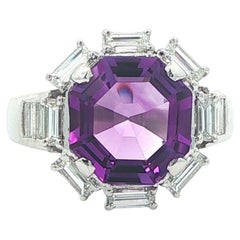 Vintage 18k White Gold Asscher Step Cut Amethyst w/ Baguette Diamond Halo Ring