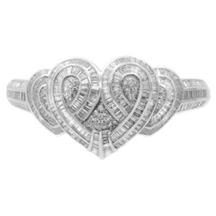 Vintage 18K White Gold Baguette & Round Diamond Heart Ladies Bracelet 5.00cttw