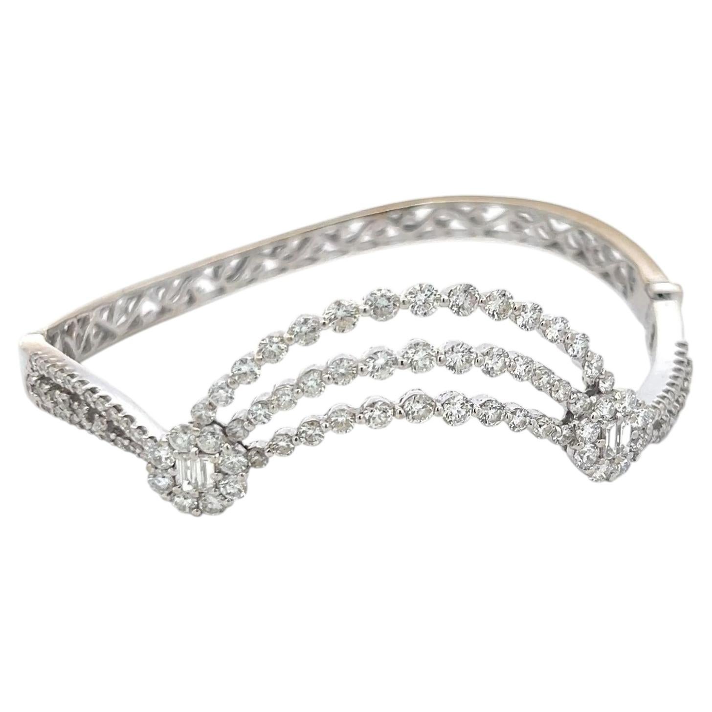 Vintage 18K White Gold Bangle Bracelet with 3.4 Carat Round & Baguette Diamonds For Sale