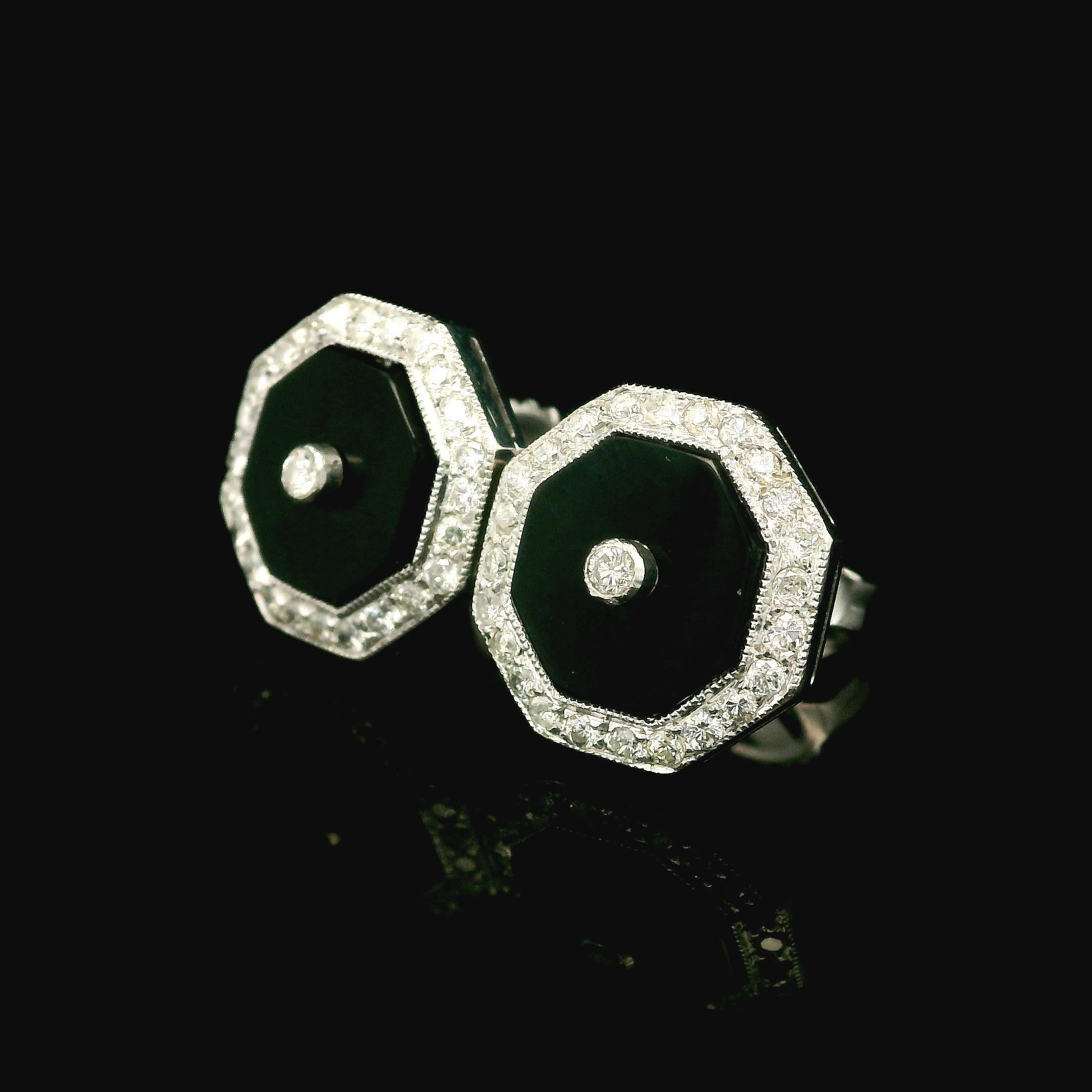 Octagon Cut Vintage 18k White Gold Black Onyx & Diamond Halo Octagon Shape Stud Earrings For Sale