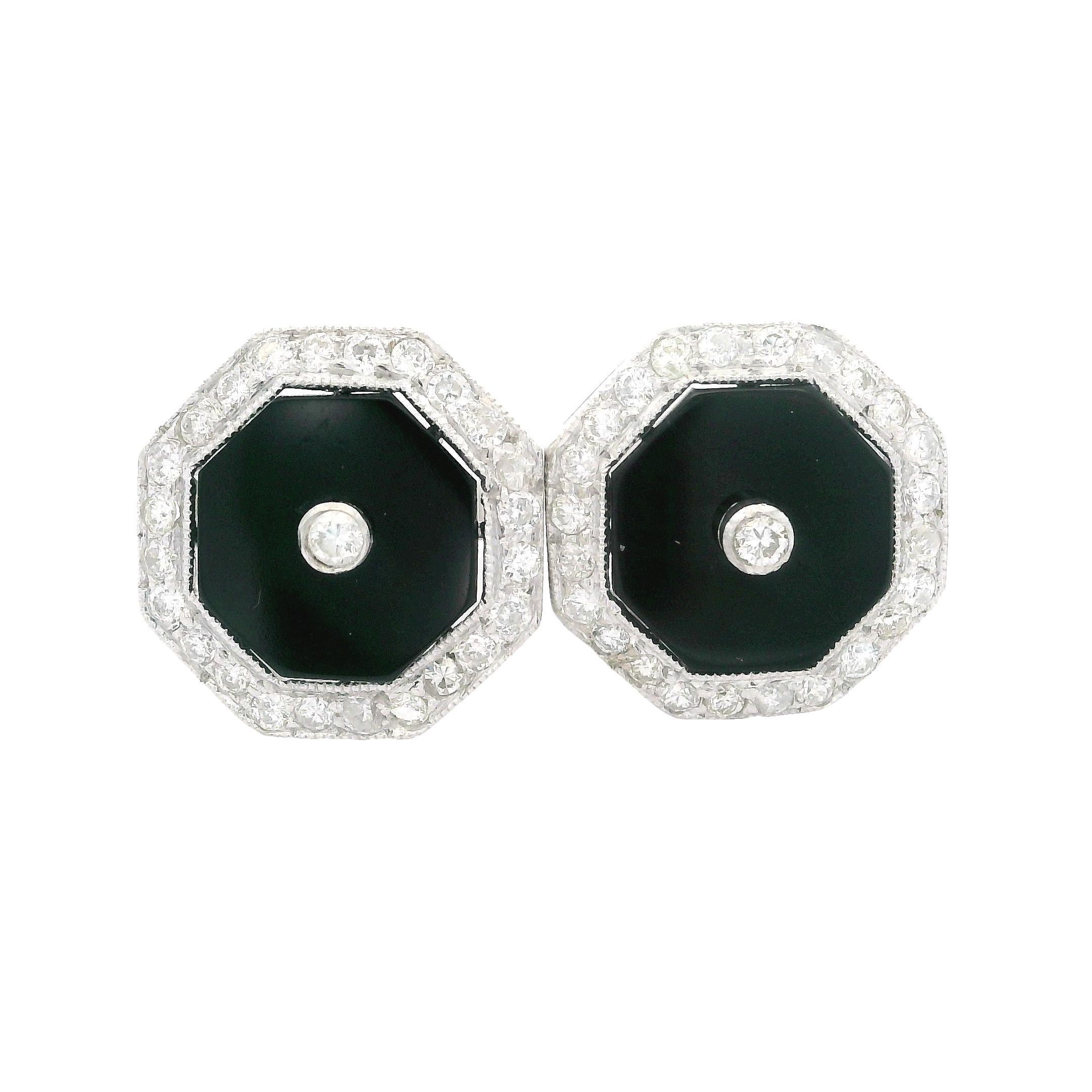 Vintage 18k White Gold Black Onyx & Diamond Halo Octagon Shape Stud Earrings In Good Condition For Sale In Montclair, NJ