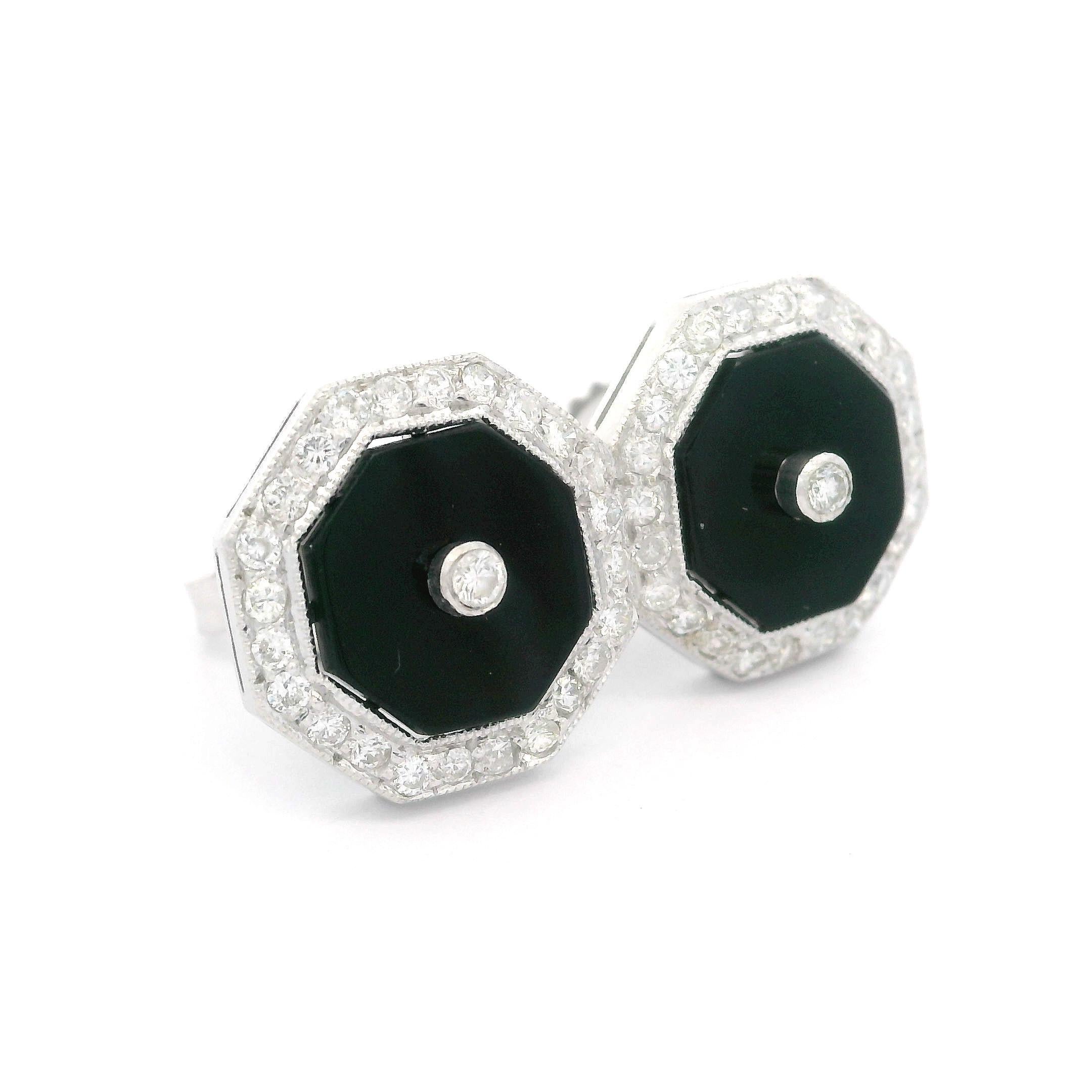 Women's Vintage 18k White Gold Black Onyx & Diamond Halo Octagon Shape Stud Earrings For Sale