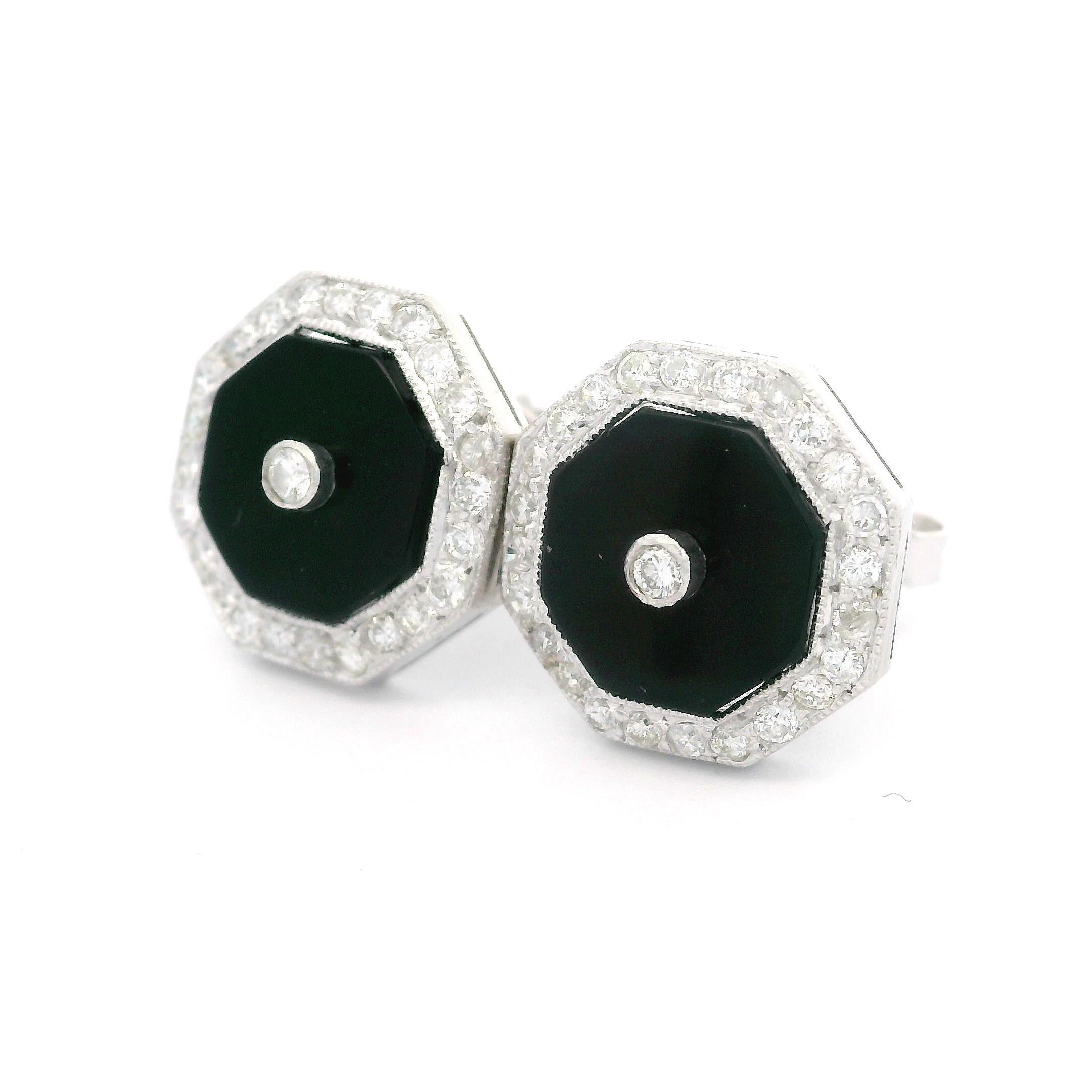 Vintage 18k White Gold Black Onyx & Diamond Halo Octagon Shape Stud Earrings For Sale 1