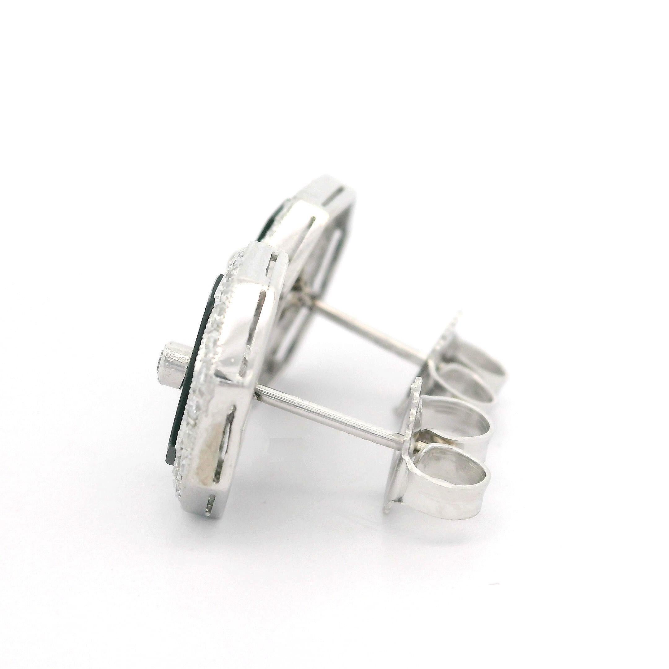 Vintage 18k White Gold Black Onyx & Diamond Halo Octagon Shape Stud Earrings For Sale 2