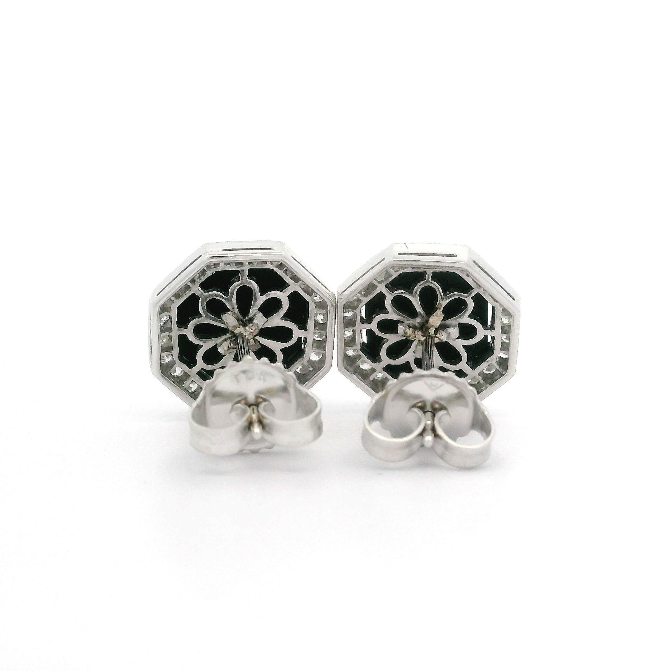 Vintage 18k White Gold Black Onyx & Diamond Halo Octagon Shape Stud Earrings For Sale 3