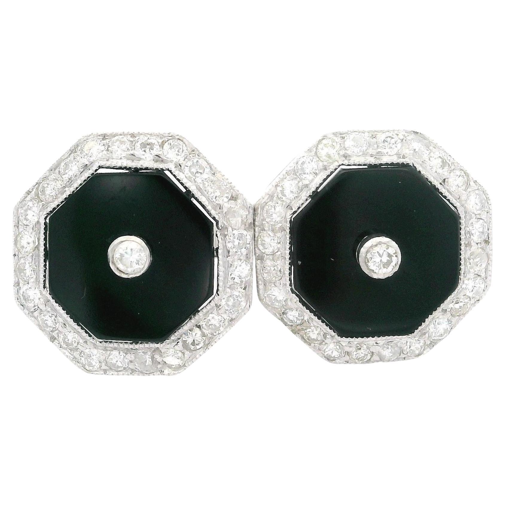 Vintage 18k White Gold Black Onyx & Diamond Halo Octagon Shape Stud Earrings