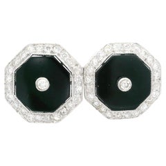 Vintage 18k White Gold Black Onyx & Diamond Halo Octagon Shape Stud Earrings