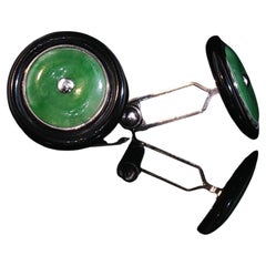 Gemelli vintage a disco in oro bianco 18 carati con onice nero e giada verde - Vintage 8,5 g, 18 mm