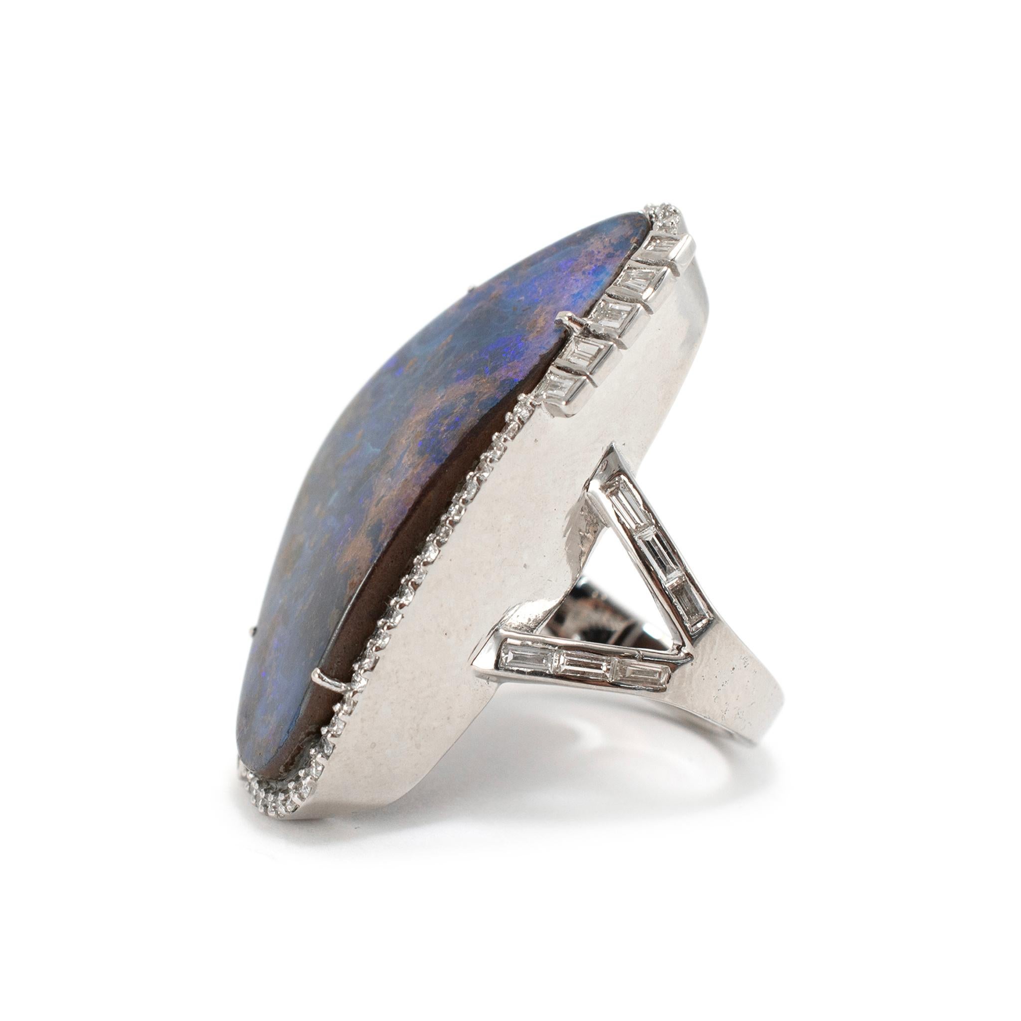 Round Cut Vintage 18K White Gold Blue Opal Doublet Halo Diamond Cocktail Ring For Sale