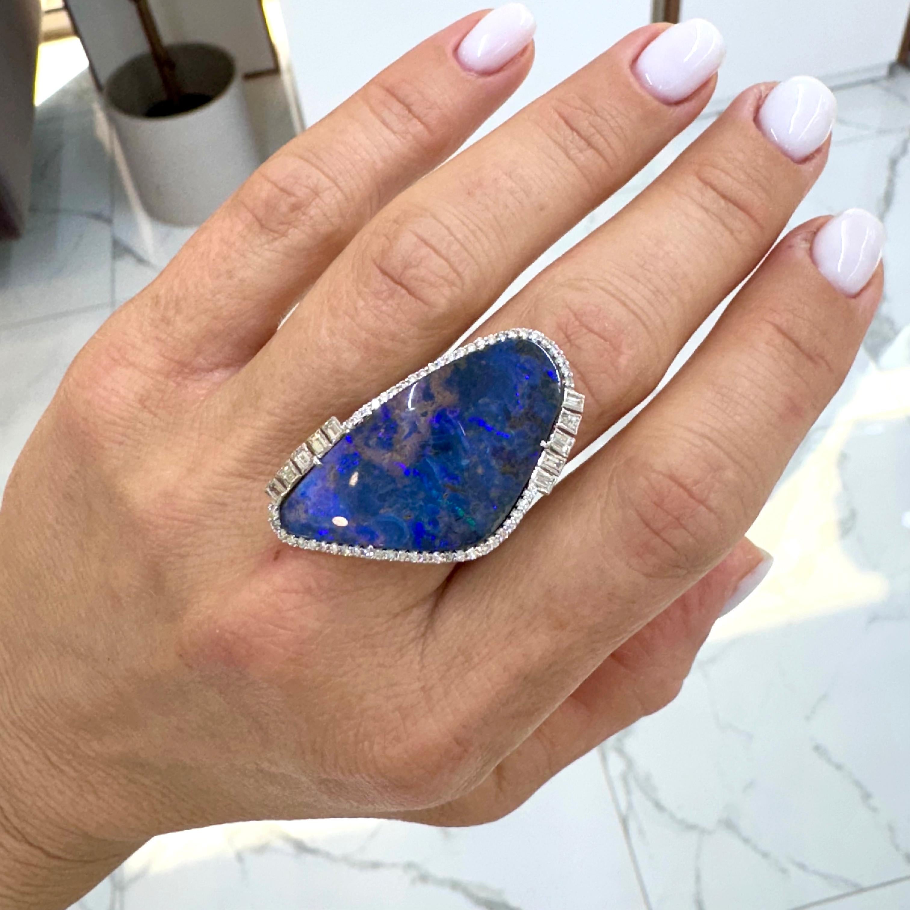 Vintage 18K White Gold Blue Opal Doublet Halo Diamond Cocktail Ring For Sale 1