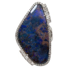 Vintage 18K White Gold Blue Opal Doublet Halo Diamond Cocktail Ring