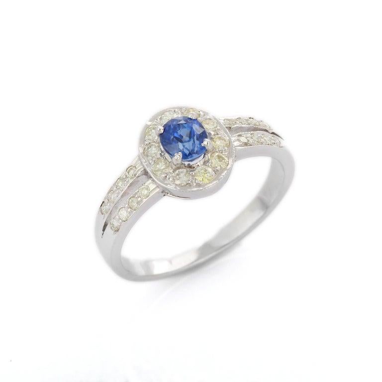 En vente :  Bague de fiançailles vintage en or blanc 18k avec saphir bleu et diamant Cadeau pour elle 7