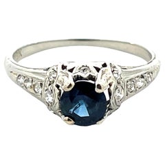 Vintage 18K White Gold Blue Sapphire 
Diamond Accent Ring