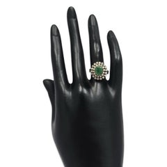 Vintage 18K White Gold Cabochon Emerald and Old Cut Diamond Double Halo Ring