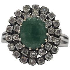 Vintage 18K White Gold Cabochon Emerald and Old Cut Diamond Double Halo Ring