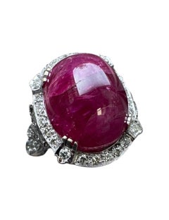 Vintage 18K White Gold Cabochon Ruby and Diamond Ring