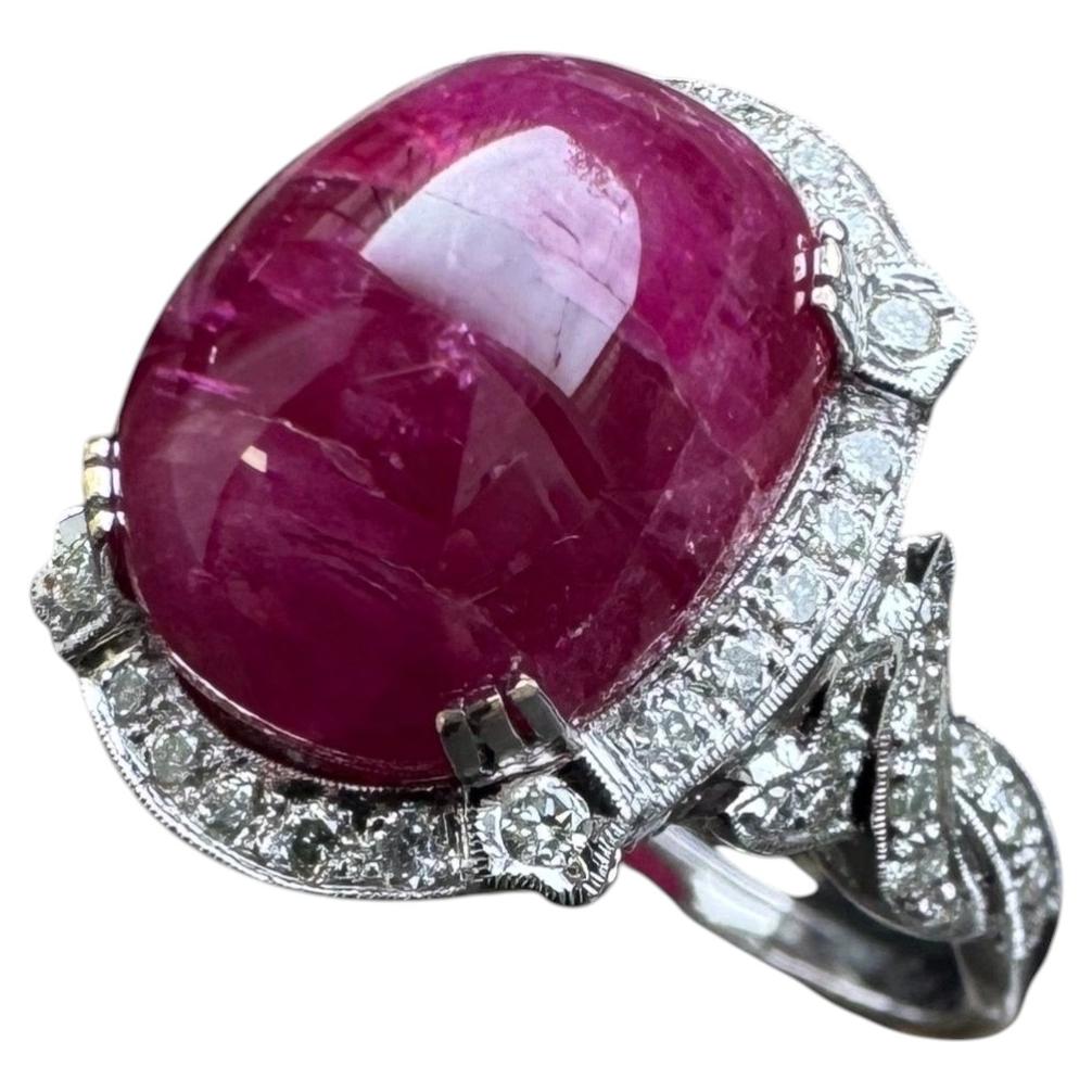 Vintage 18K White Gold Cabochon Ruby and Diamond Ring