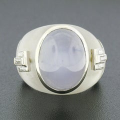 Vintage 18k White Gold Cabochon Star Sapphire Baguette Diamond Rock Crystal Ring