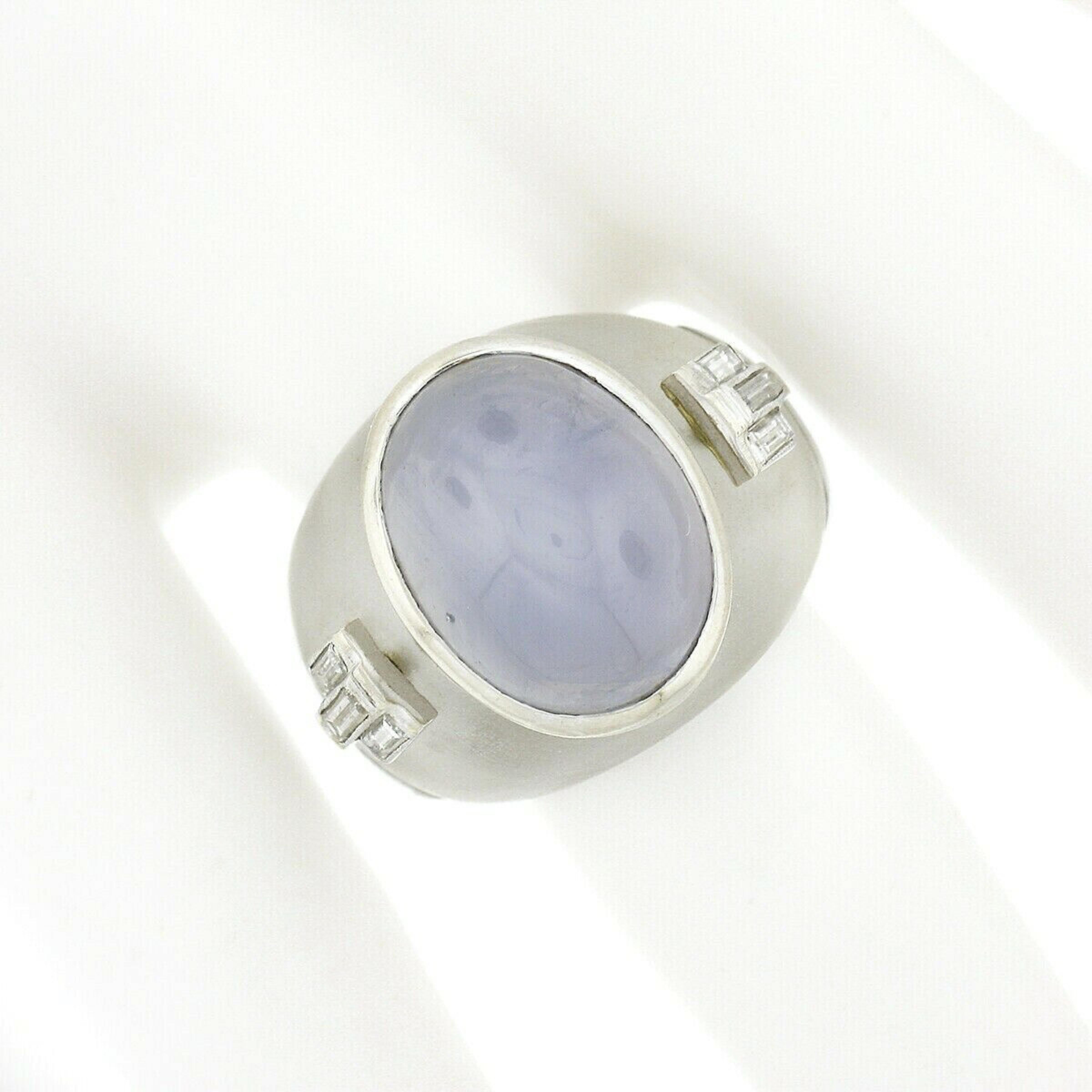 Oval Cut Vintage 18k White Gold Cabochon Star Sapphire Baguette Diamond Rock Crystal Ring