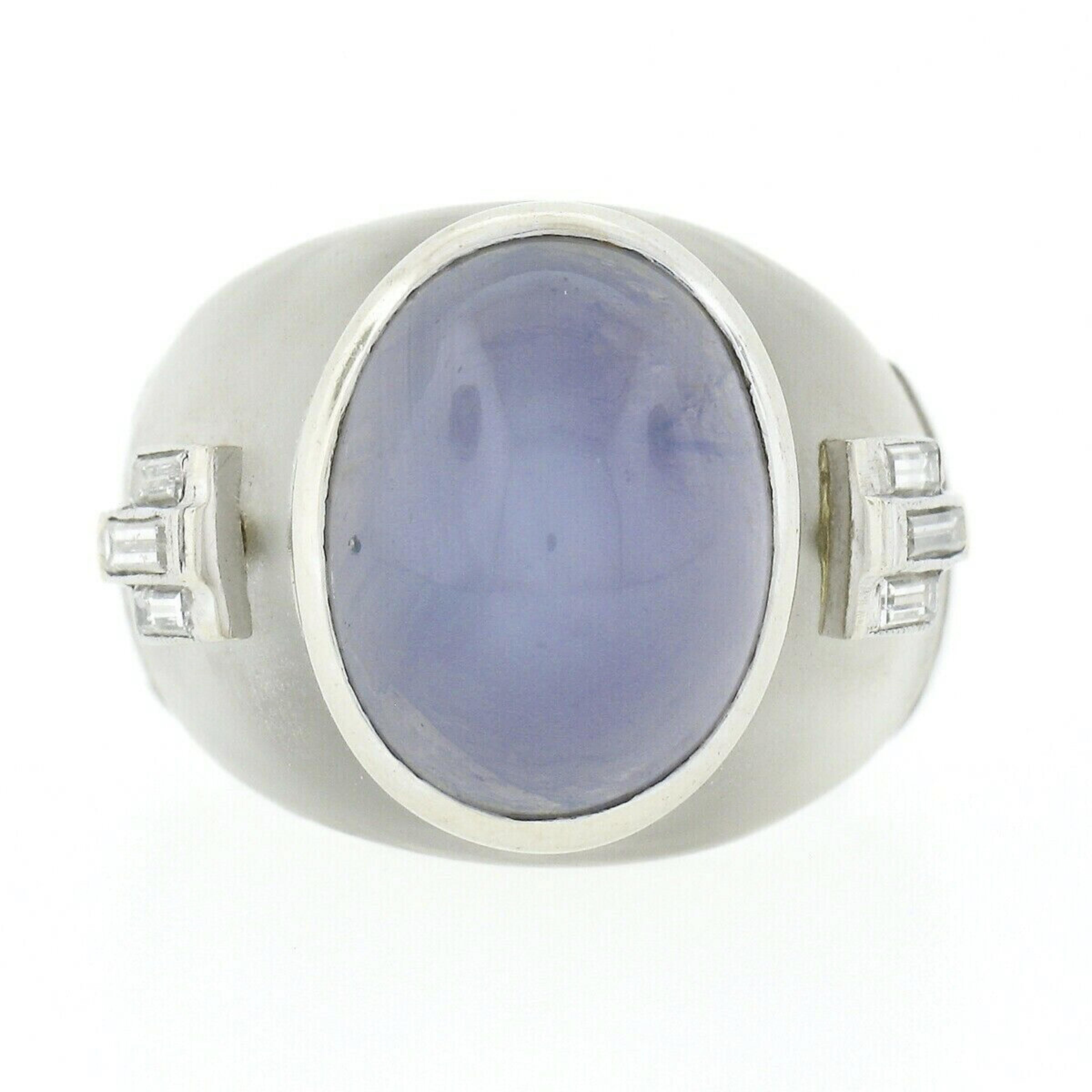 Vintage 18k White Gold Cabochon Star Sapphire Baguette Diamond Rock Crystal Ring In Good Condition In Montclair, NJ