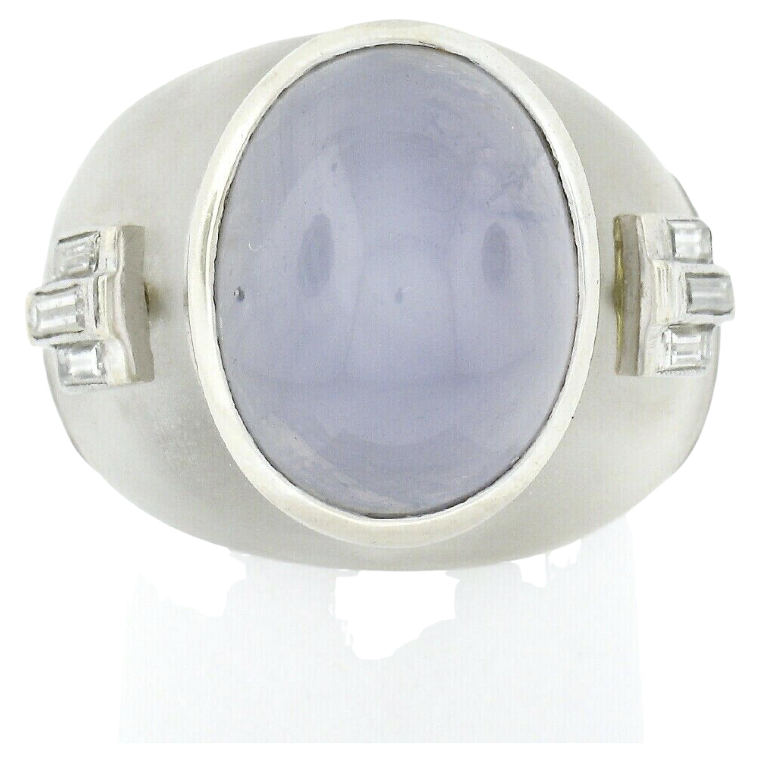Vintage 18k White Gold Cabochon Star Sapphire Baguette Diamond Rock Crystal Ring