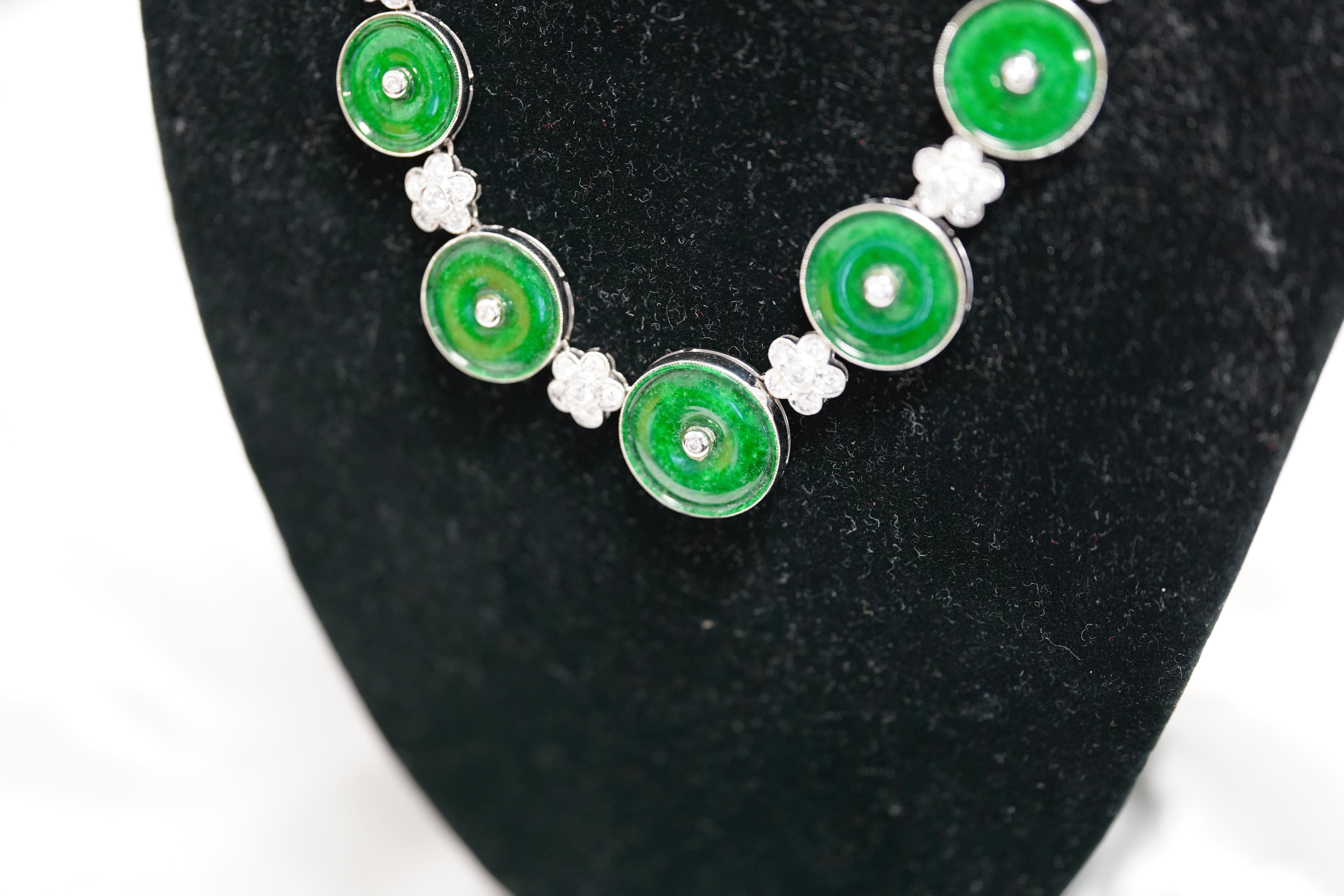 Round Cut Vintage 18K White Gold Circular-Cut Green Jade and Diamond Disk Necklace  For Sale