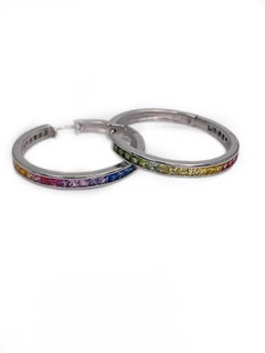 Vintage 18K White Gold Colourful Sapphire Large Hoop Earrings