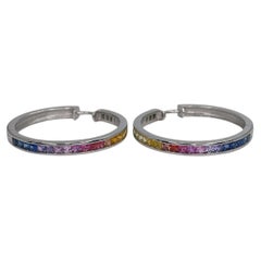 Vintage 18K White Gold Colourful Sapphire Large Hoop Earrings