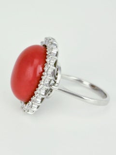 Vintage 18 Karat White Gold Coral and Diamond Oval Cluster Ring, 1970s