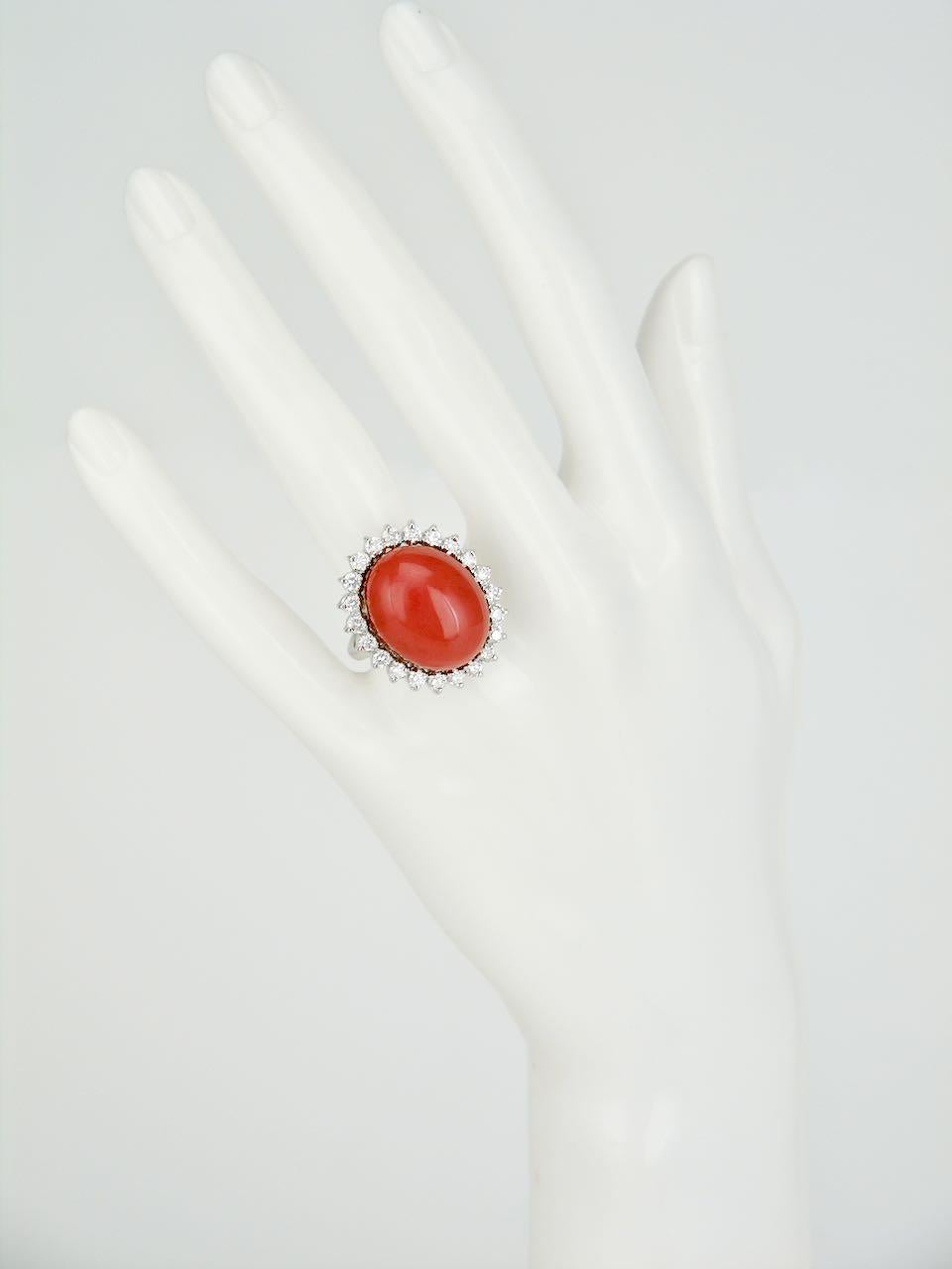 Women's Vintage 18 Karat White Gold Coral and Diamond Oval Cluster Ring, 1970s For Sale