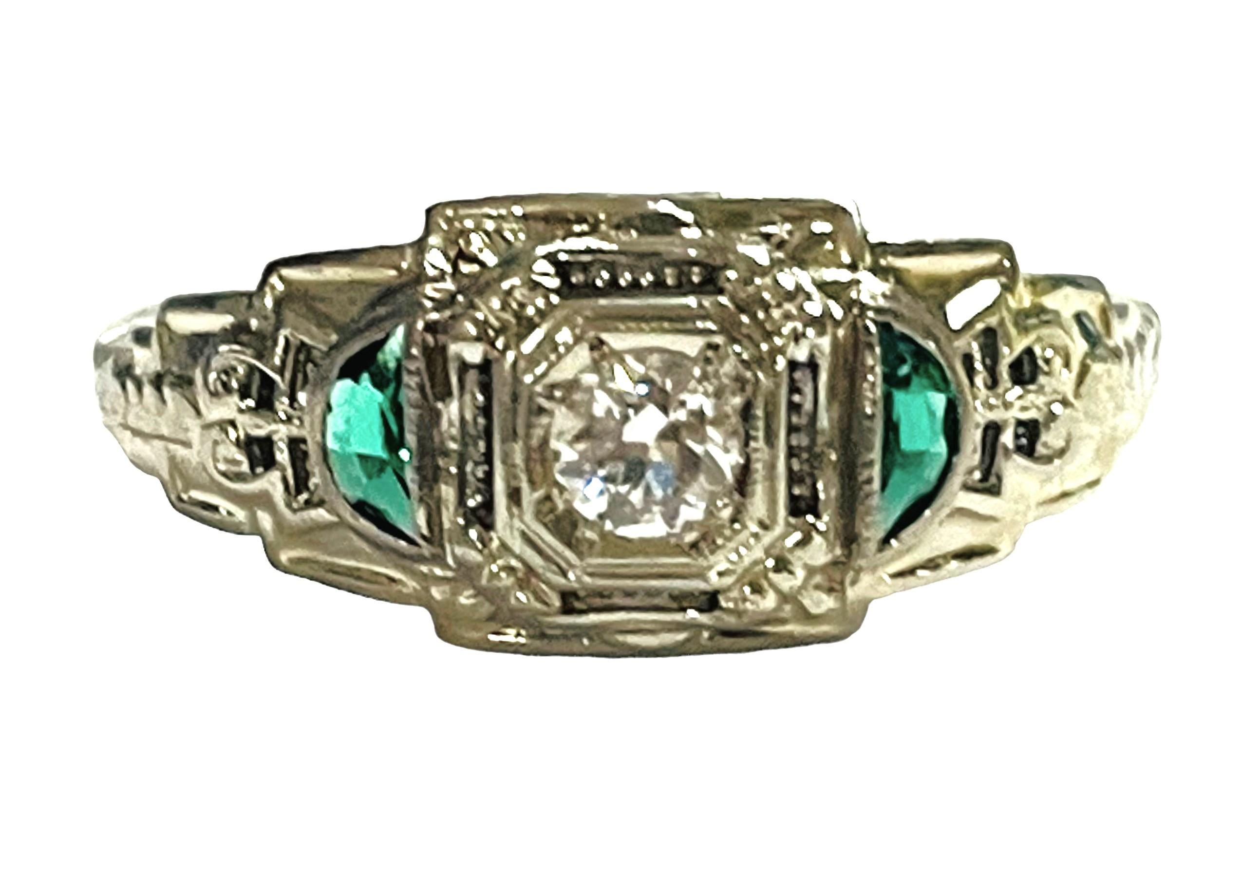 Vintage 18K White Gold Diamond and Emerald Ring with Appraisal 3