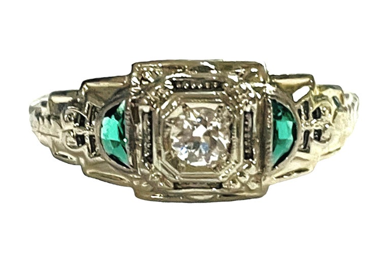 Vintage 18K White Gold Diamond and Emerald Ring with Appraisal For Sale 4