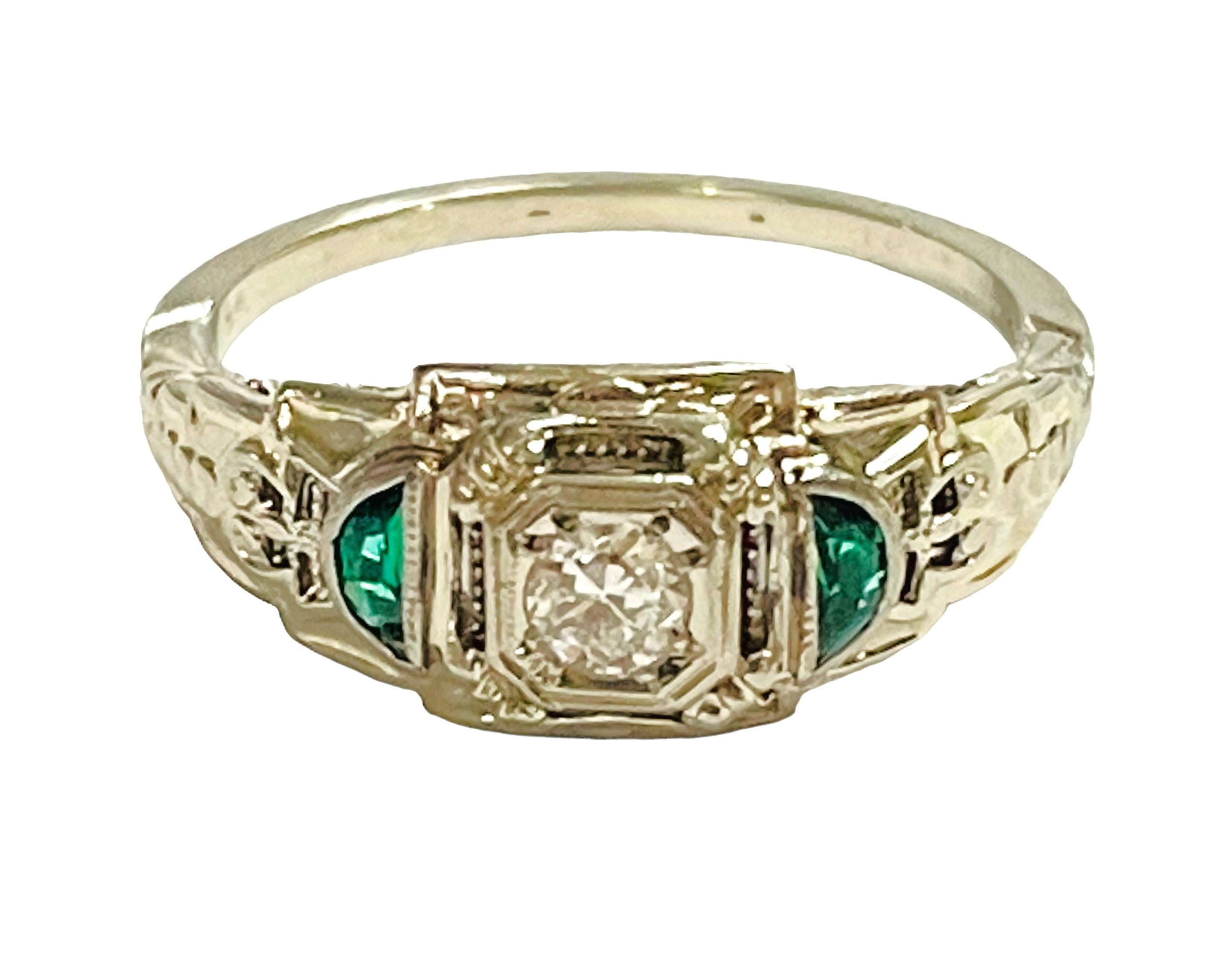Art Deco Vintage 18K White Gold Diamond and Emerald Ring with Appraisal