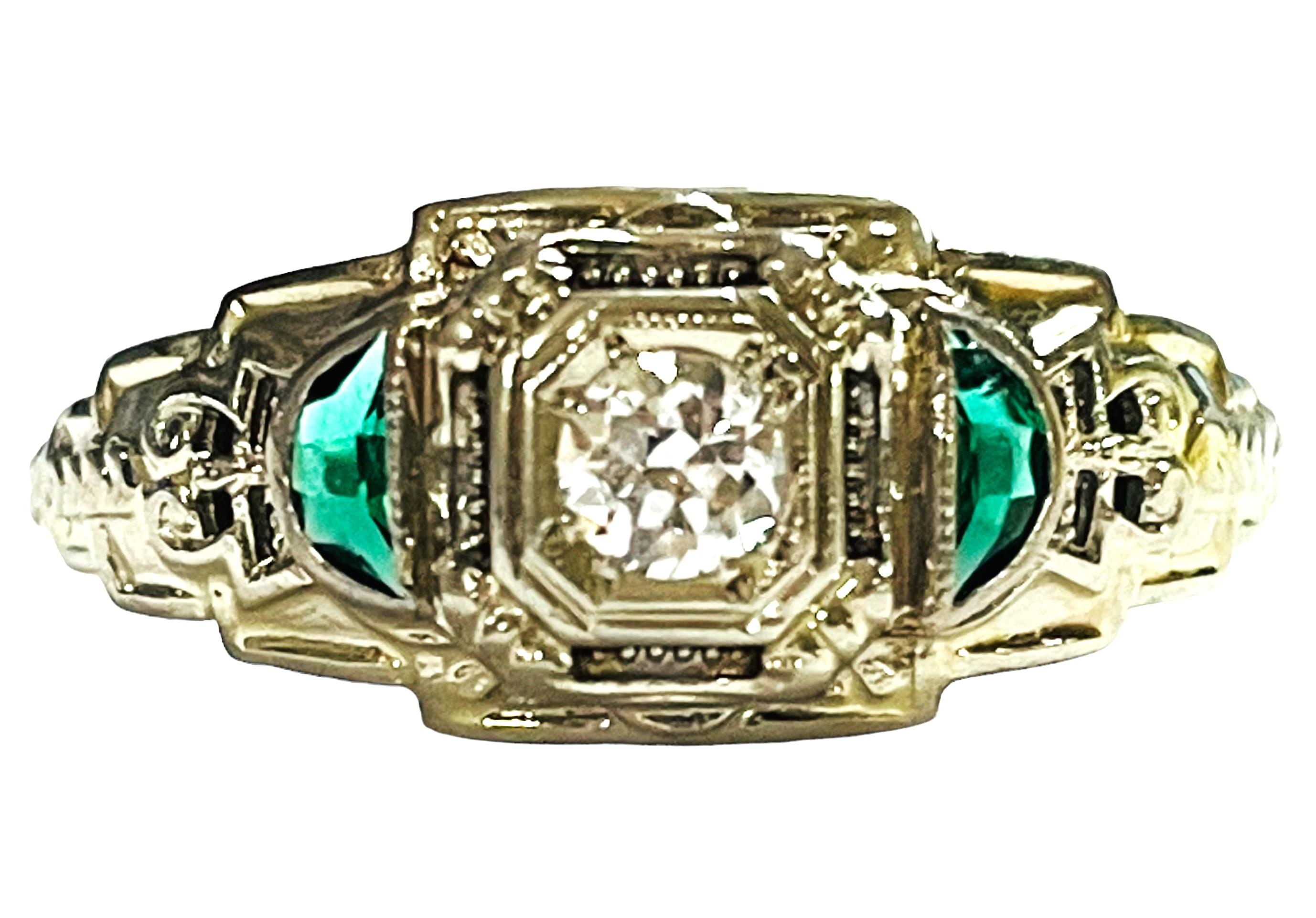 Round Cut Vintage 18K White Gold Diamond and Emerald Ring with Appraisal