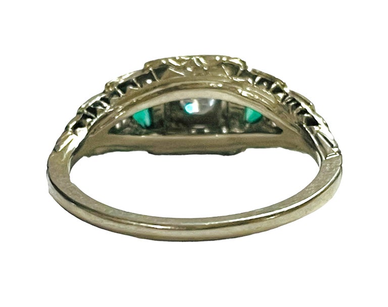 Vintage 18K White Gold Diamond and Emerald Ring with Appraisal For Sale 1