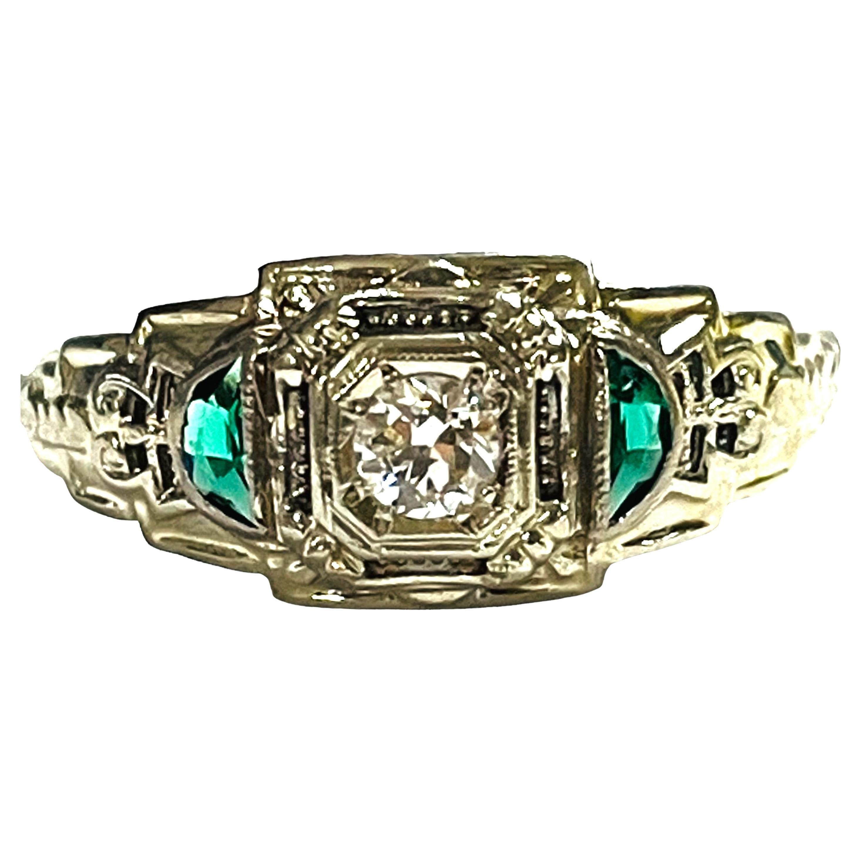Vintage 18K White Gold Diamond and Emerald Ring with Appraisal