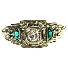 Vintage 18K White Gold Diamond and Emerald Ring with Appraisal