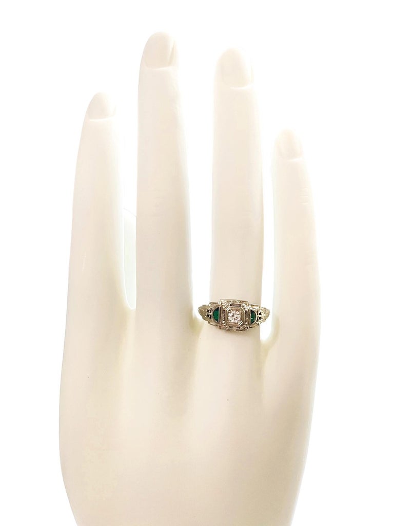 Vintage 18K White Gold Diamond and Emerald Ring with Appraisal For Sale 7
