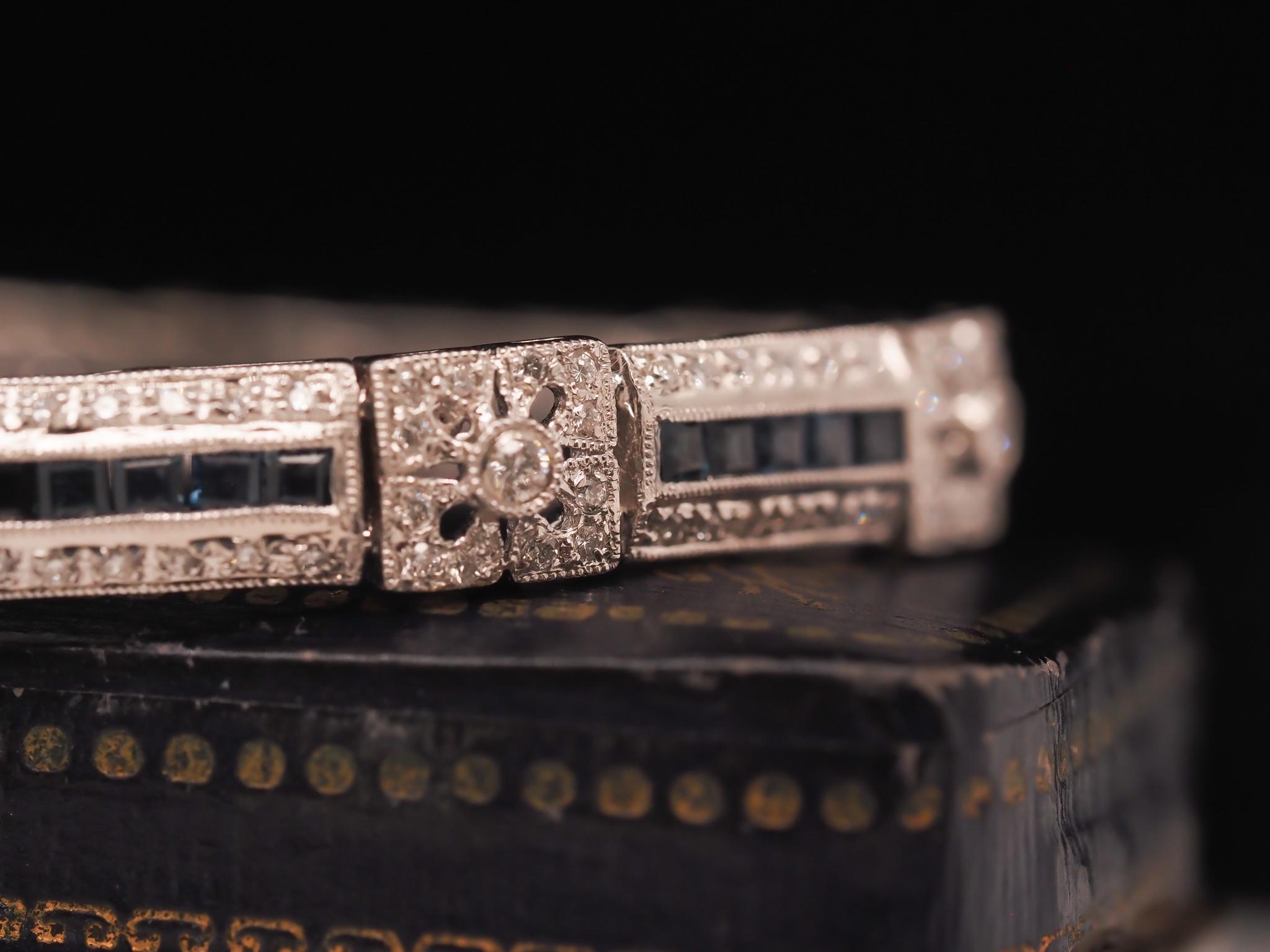 Vintage 18K White Gold Diamond and Sapphire Bracelet In Good Condition For Sale In Hicksville, NY