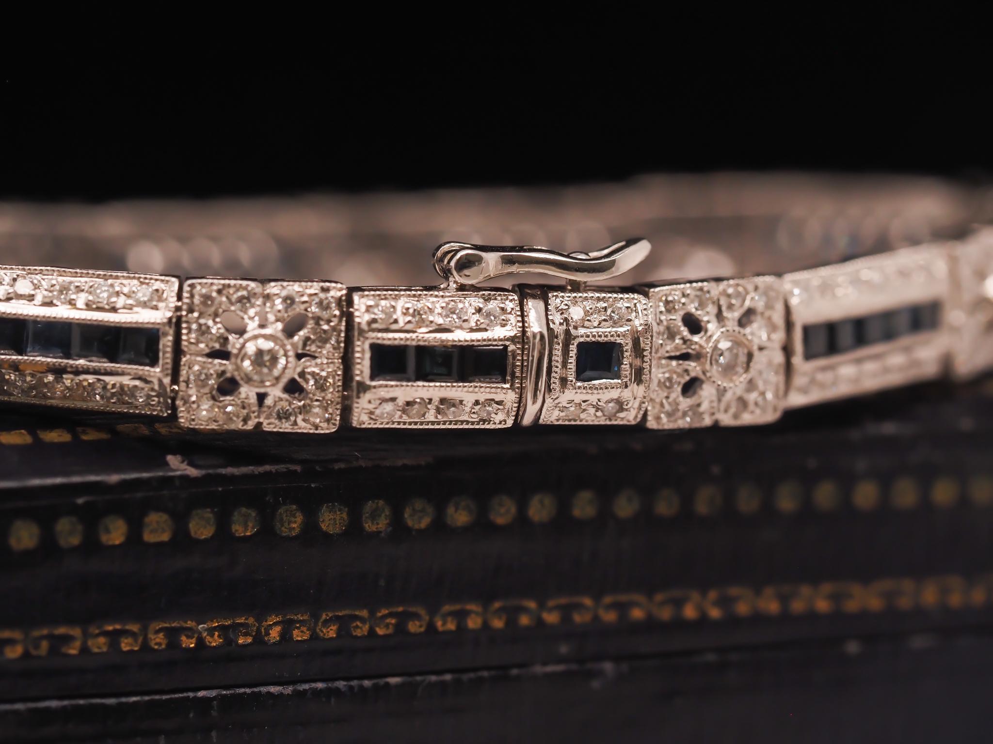 Women's Vintage 18K White Gold Diamond and Sapphire Bracelet For Sale