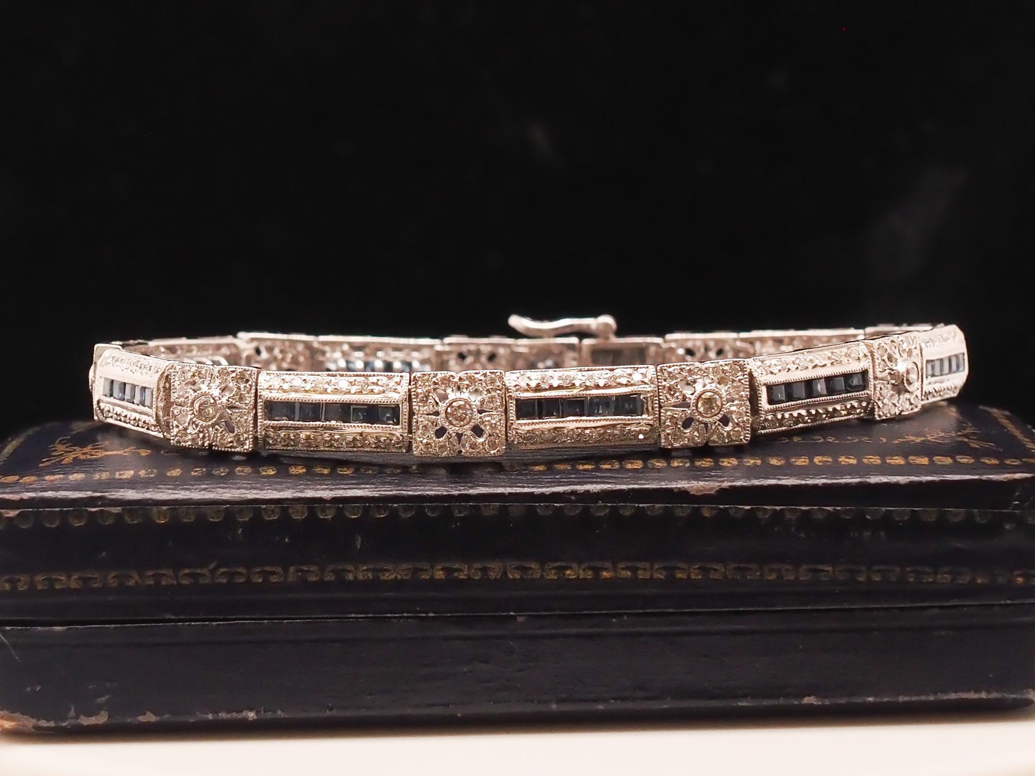 Vintage 18K White Gold Diamond and Sapphire Bracelet For Sale 2