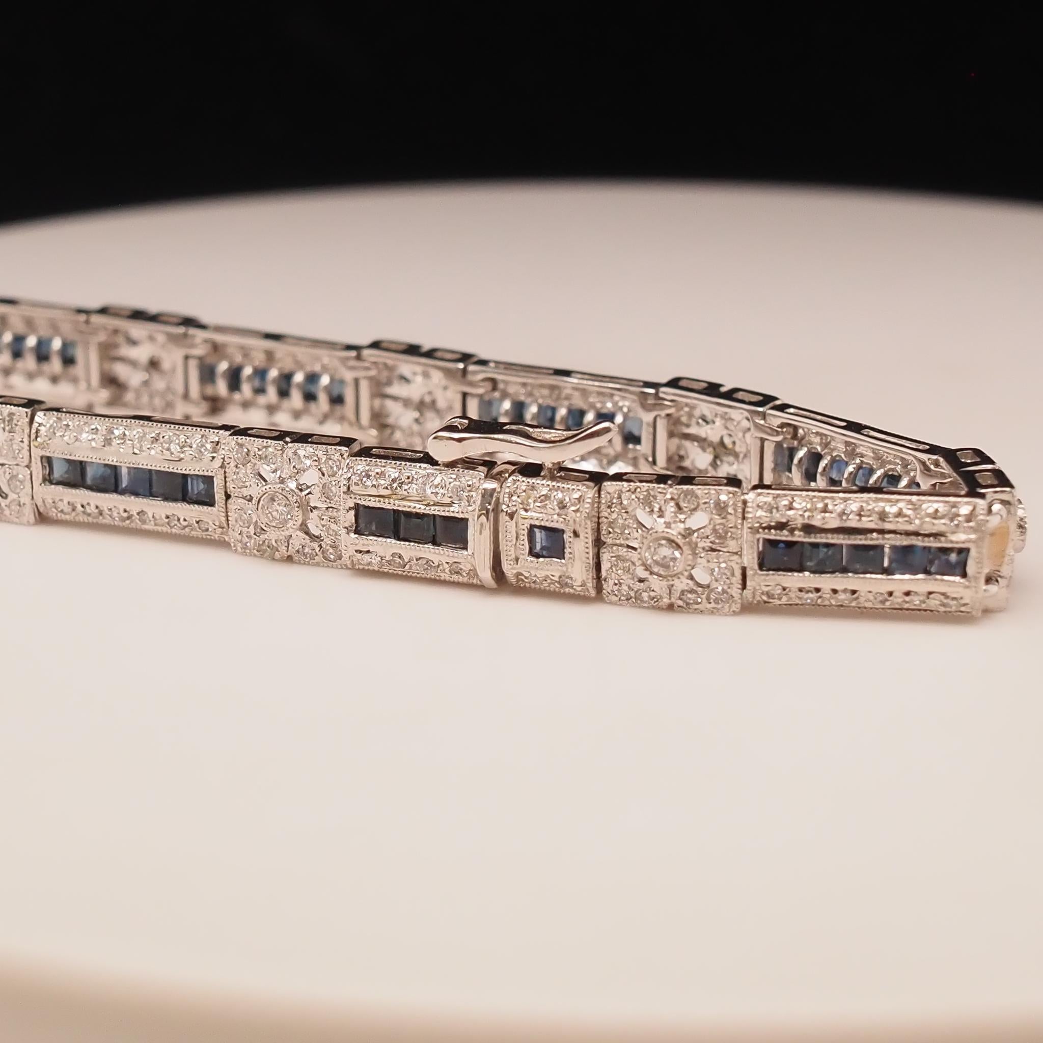 Vintage 18K White Gold Diamond and Sapphire Bracelet For Sale 3
