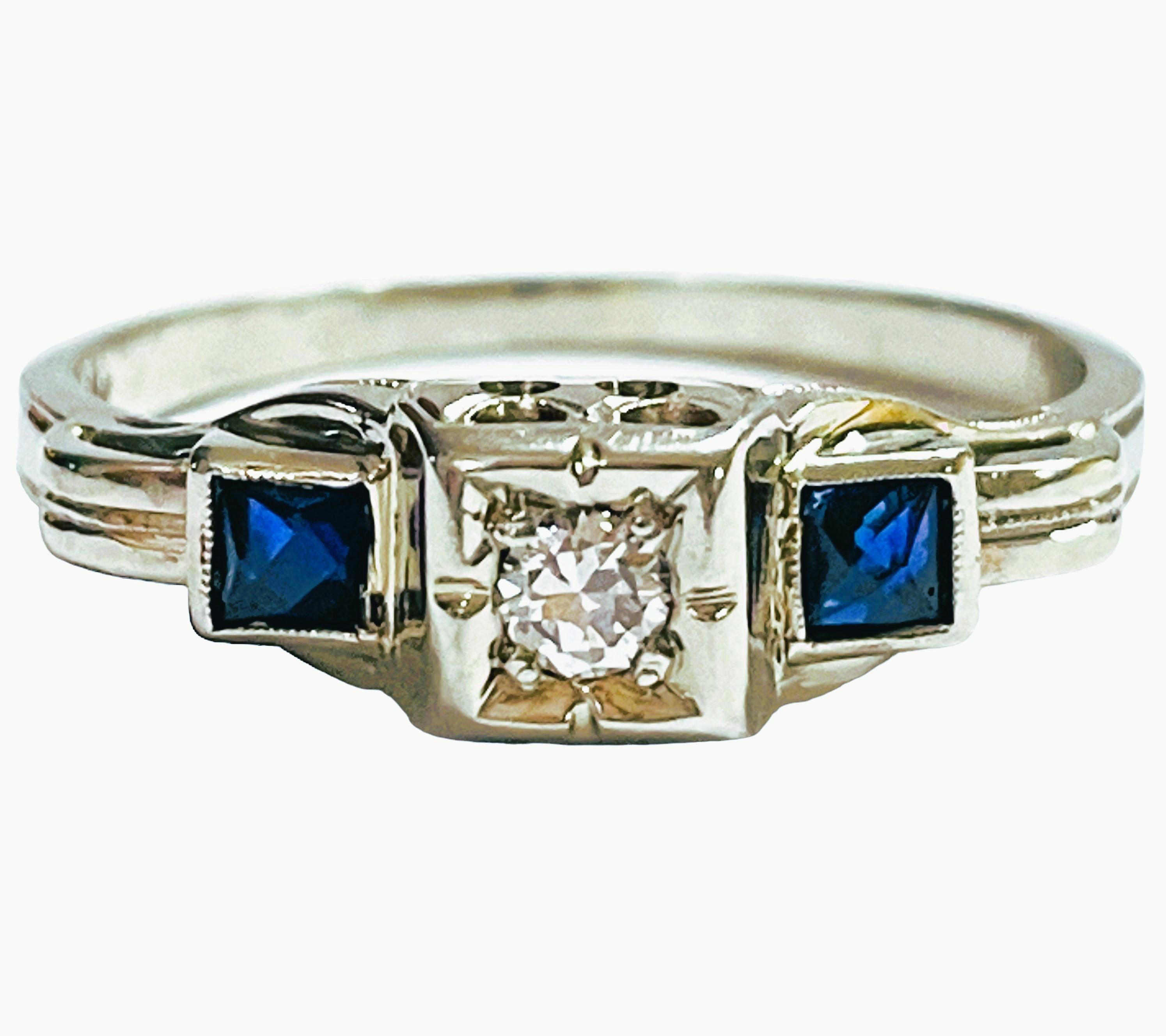 Art Deco Vintage 18k White Gold Diamond and Sapphire Ring with Appraisal