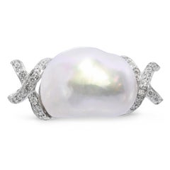 Vintage 18k White Gold Diamond Baroque Pearl Pendant Slider