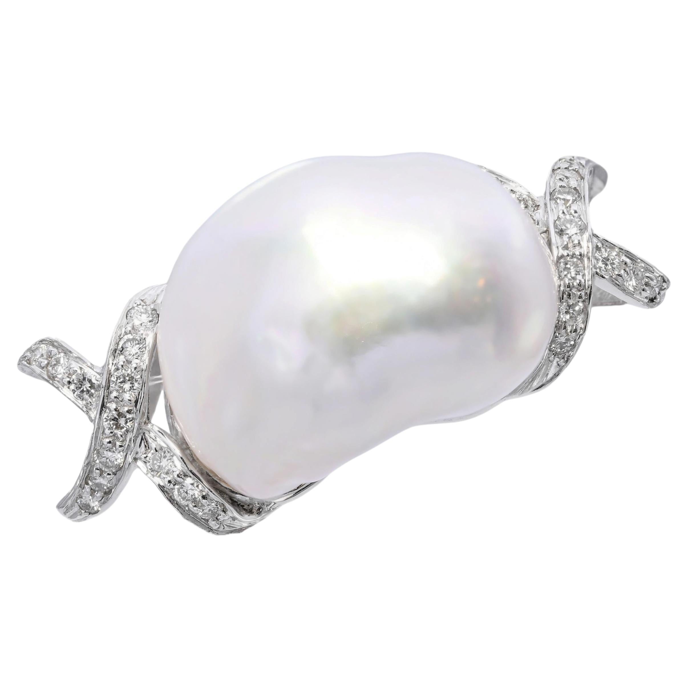 Vintage 18k White Gold Diamond Baroque Pearl Pendant Slider